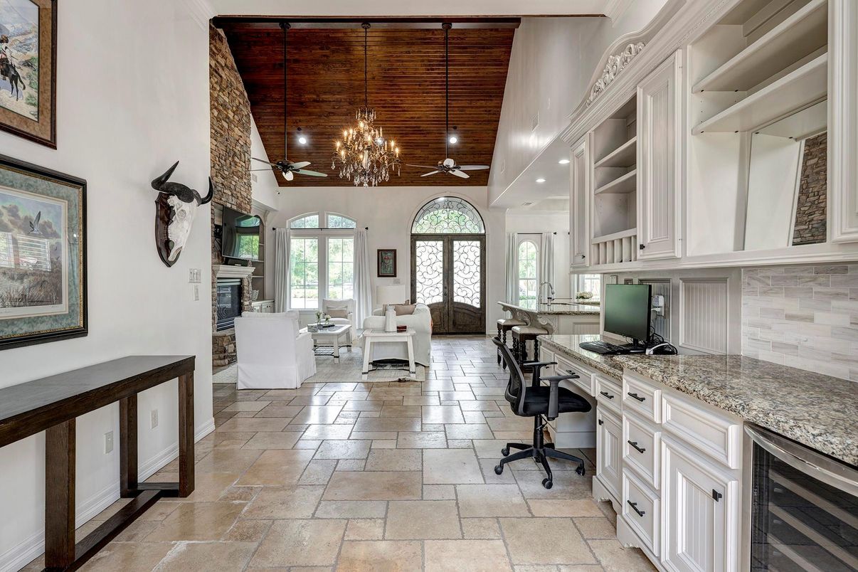 Chandelier, Fireplace, Home Office, Interior, Living room, Recessed Lighting