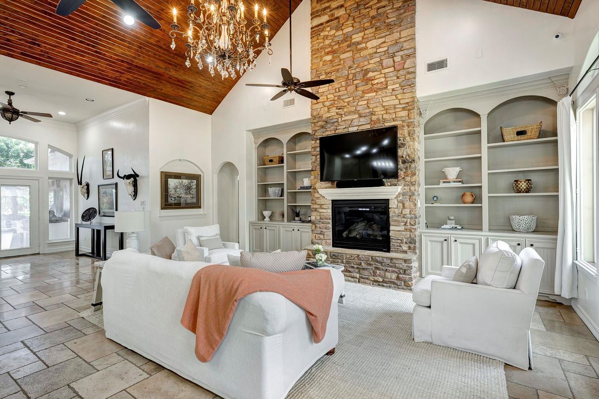 Chandelier, Fireplace, Interior, Living room, Recessed Lighting, Stone Walls