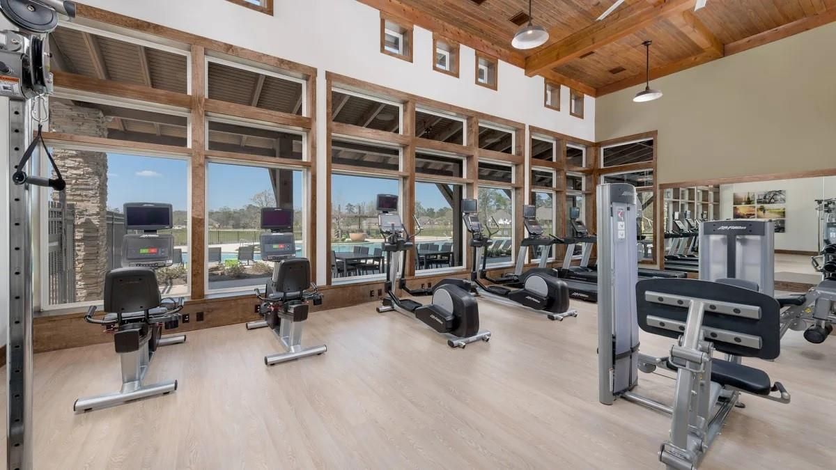 Fitness Equipment, Gym, Interior, Pendant Lights, Wooden Beams, Wooden Ceilings, Wood Texture Flooring