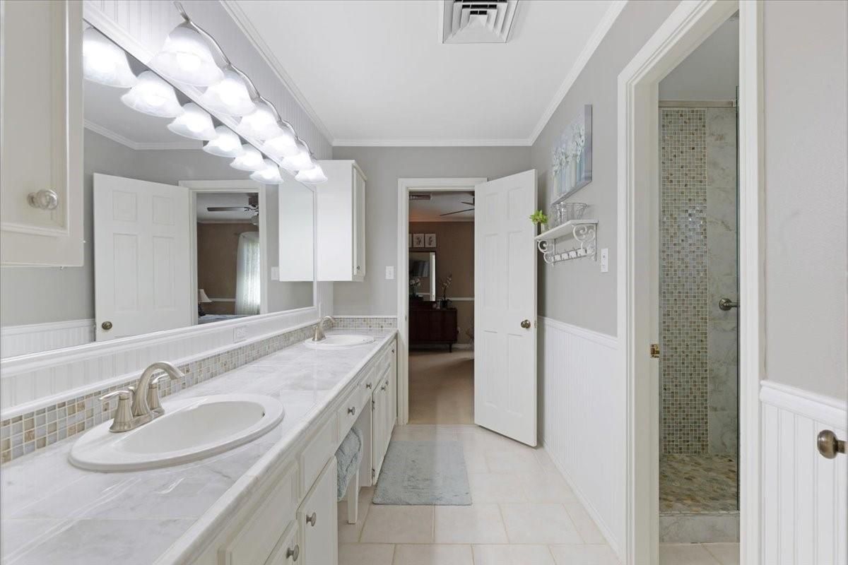 Bathroom, Dual Sink Vanities, Glass Shower, Interior, Tile Countertops
