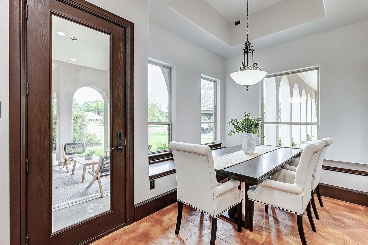 Dining room, Interior, Pendant Lights, Recessed Lighting, Wood Texture Flooring