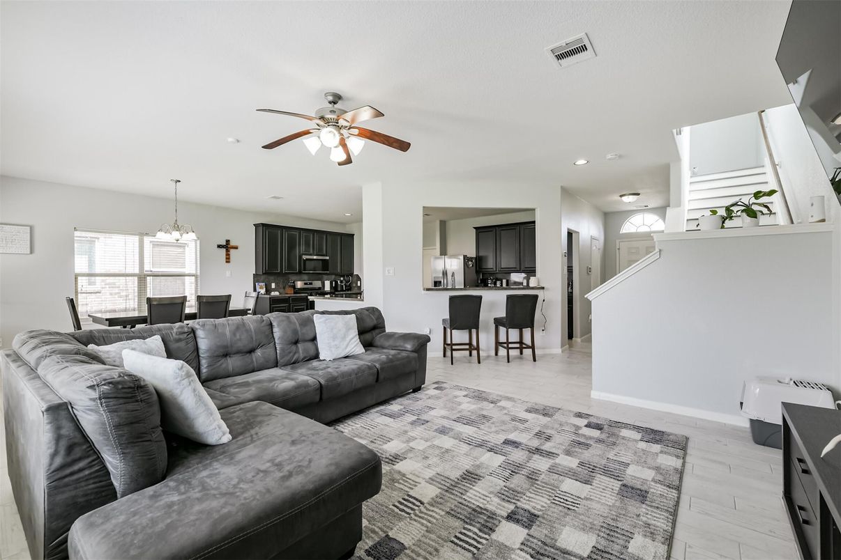 Chandelier, Dining room, Interior, Kitchen, Living room, Pendant Lights, Recessed Lighting, Wood Texture Flooring