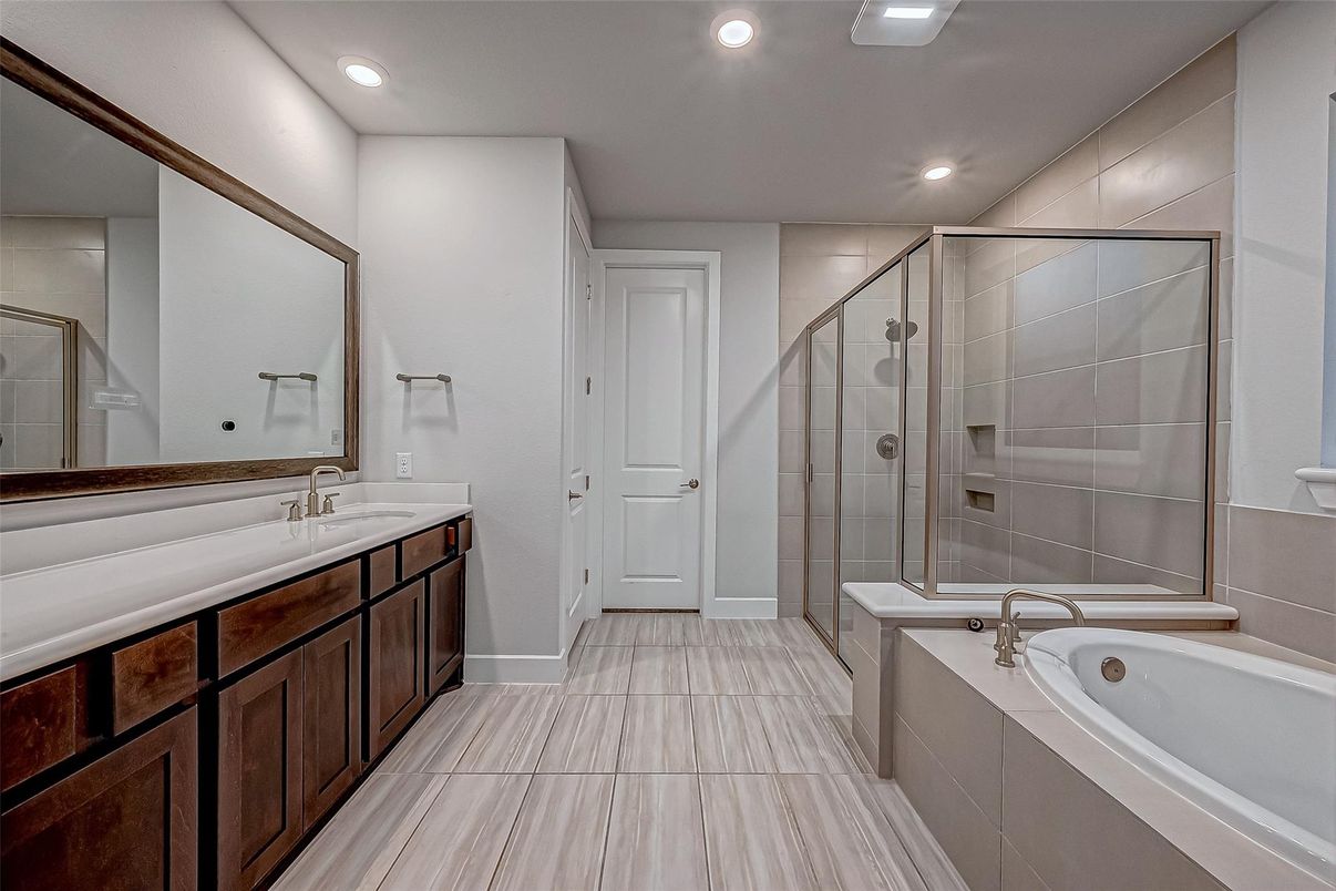 Bathroom, Dual Sink Vanities, Glass Shower, Interior, Recessed Lighting
