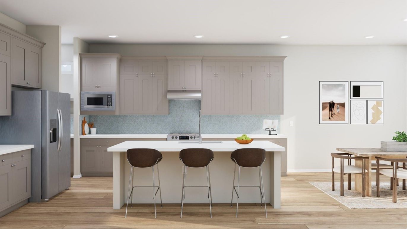 Dining room, Interior, Kitchen, Recessed Lighting, Stainless Steel Appliances, Wood Texture Flooring