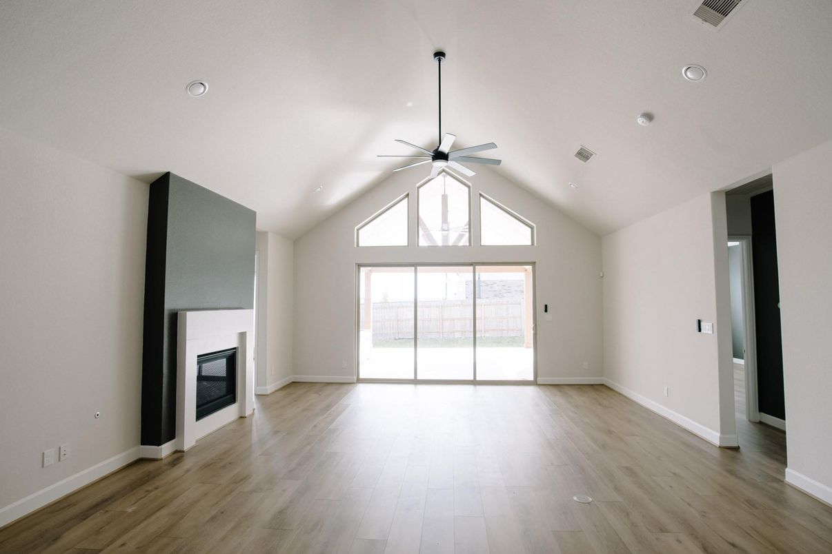 Empty room, Fireplace, Interior, Recessed Lighting, Wood Texture Flooring
