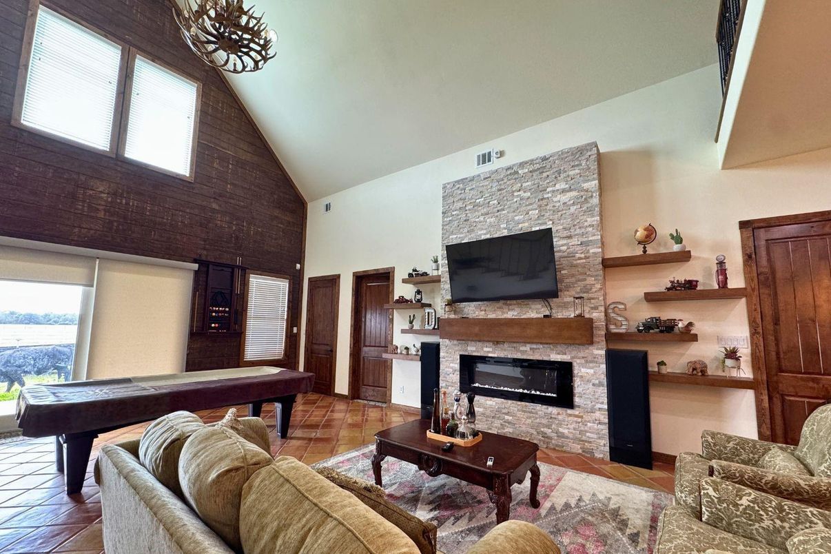 Billiard Table, Fireplace, Game Room, Interior, Living room, Wood Texture Flooring, Wooden Walls