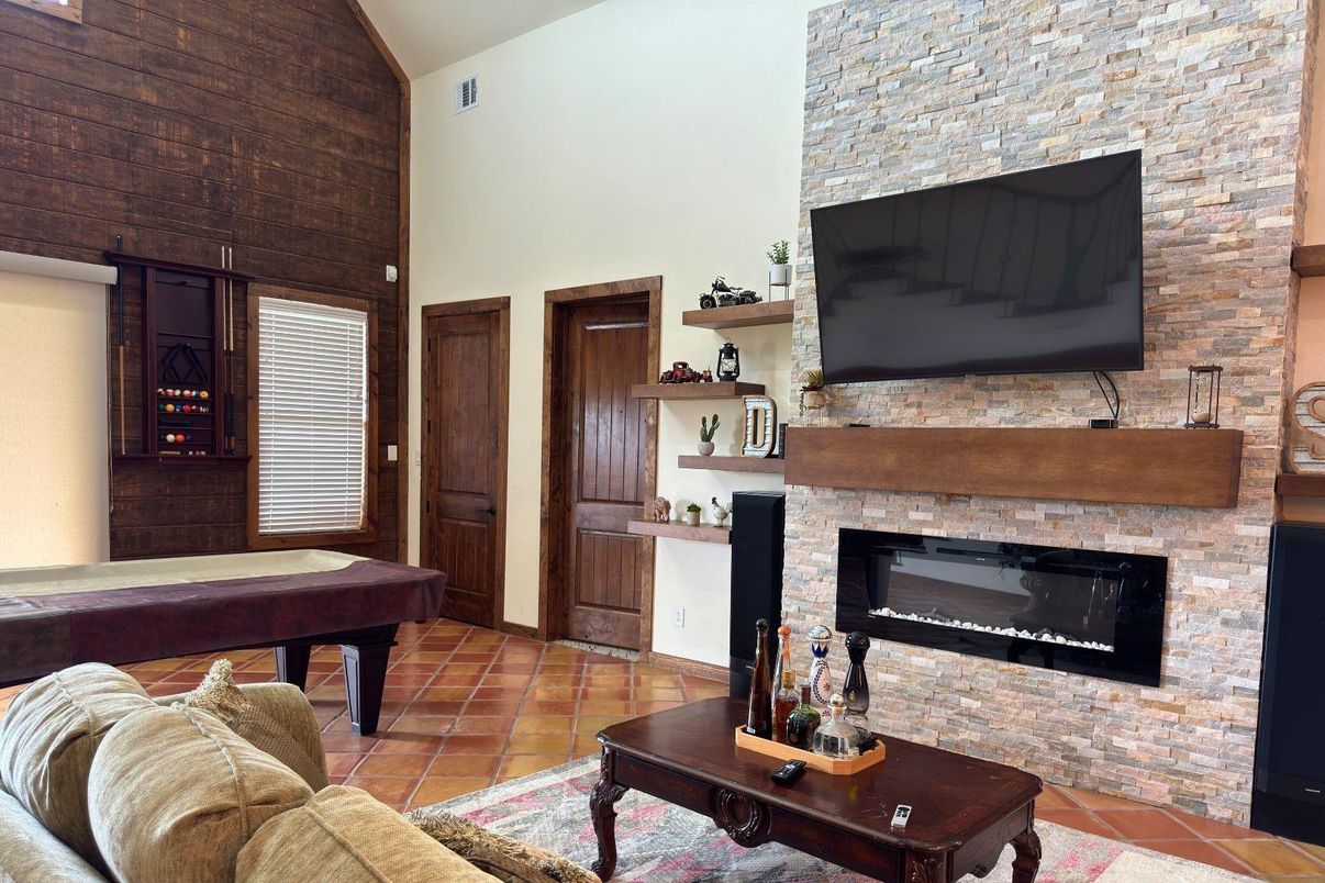 Billiard Table, Fireplace, Game Room, Interior, Living room, Stone Walls