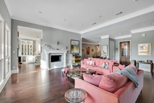 Dining room, Fireplace, Interior, Living room, Pendant Lights, Recessed Lighting, Wood Texture Flooring
