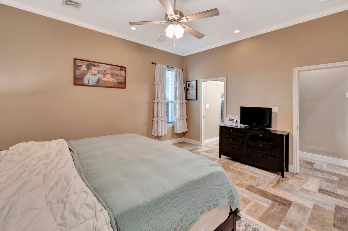 Bedroom, Interior, Recessed Lighting, Wood Texture Flooring