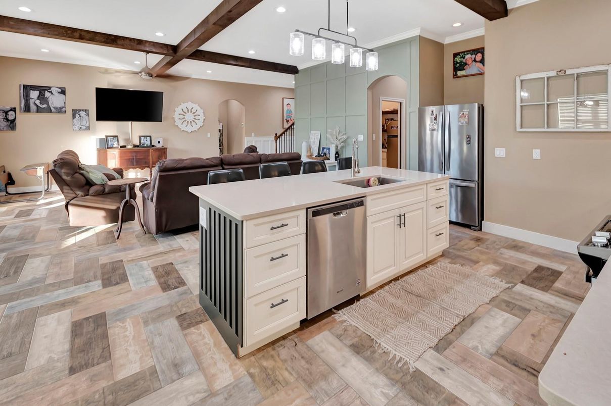 Interior, Kitchen, Living room, Pendant Lights, Recessed Lighting, Stainless Steel Appliances, Wooden Beams, Wood Texture Flooring