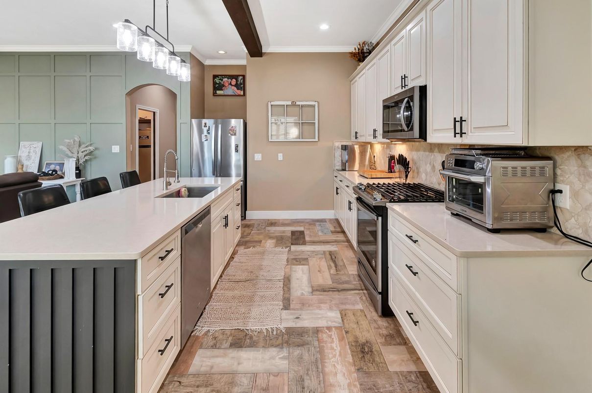 Interior, Kitchen, Pendant Lights, Recessed Lighting, Stainless Steel Appliances, Wood Texture Flooring