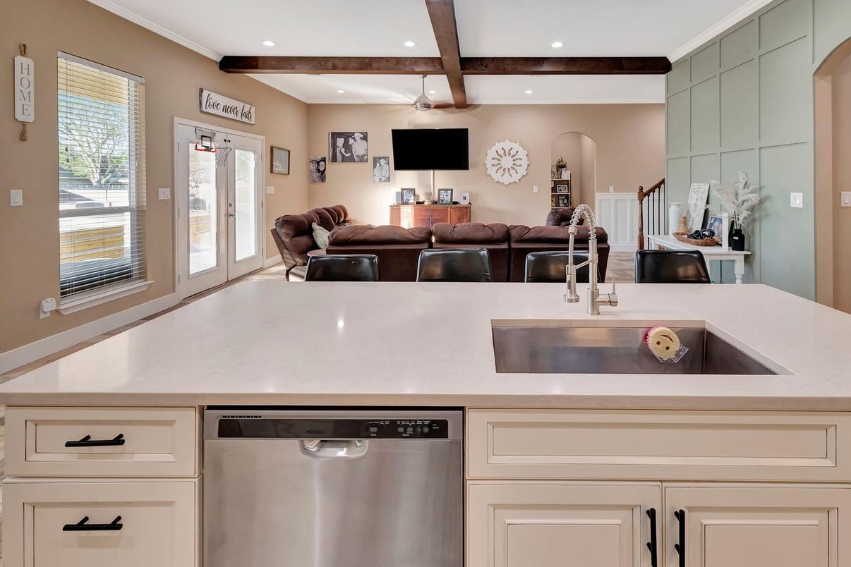 Interior, Kitchen, Recessed Lighting, Stainless Steel Appliances, Wooden Beams