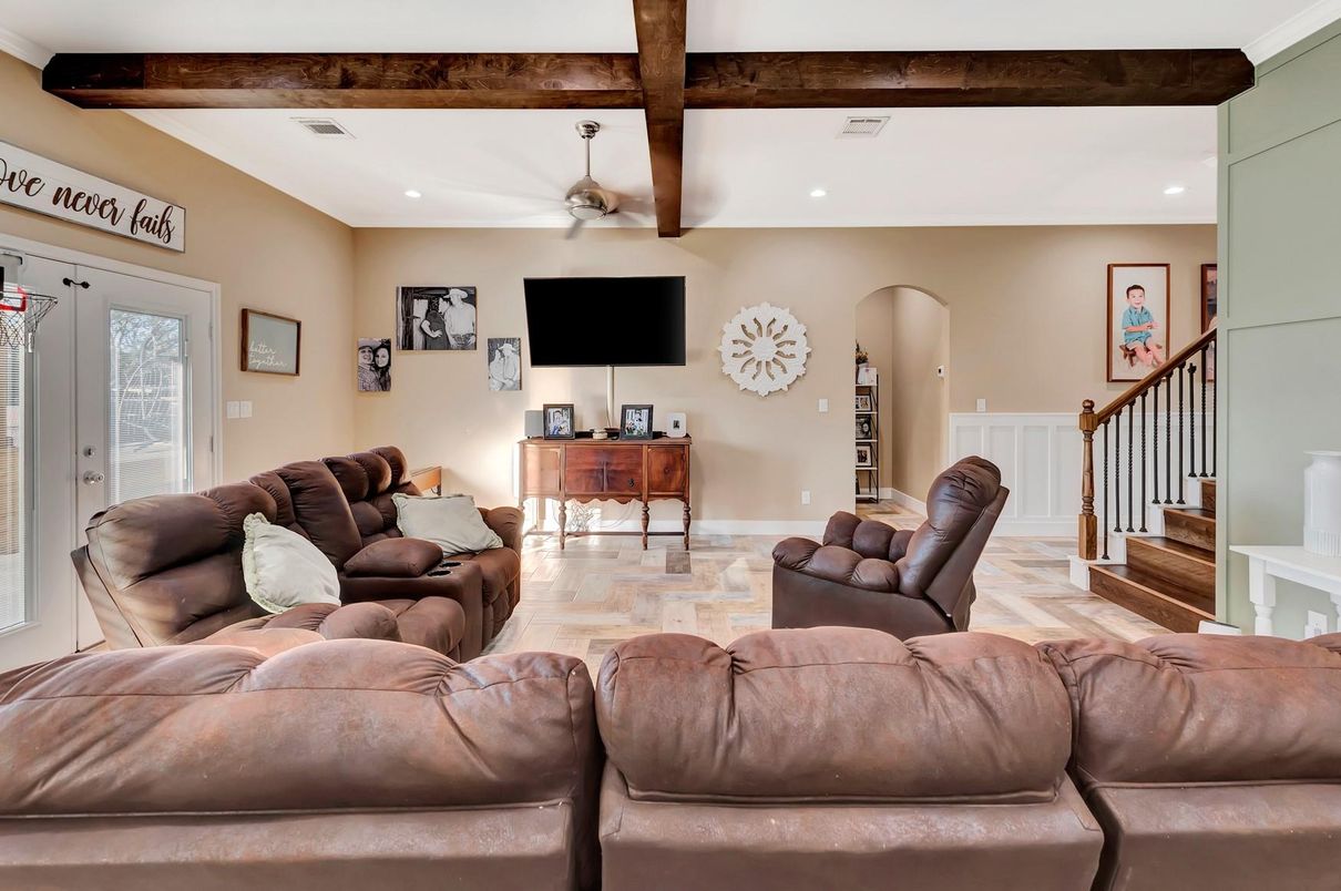 Interior, Living room, Recessed Lighting, Wooden Beams