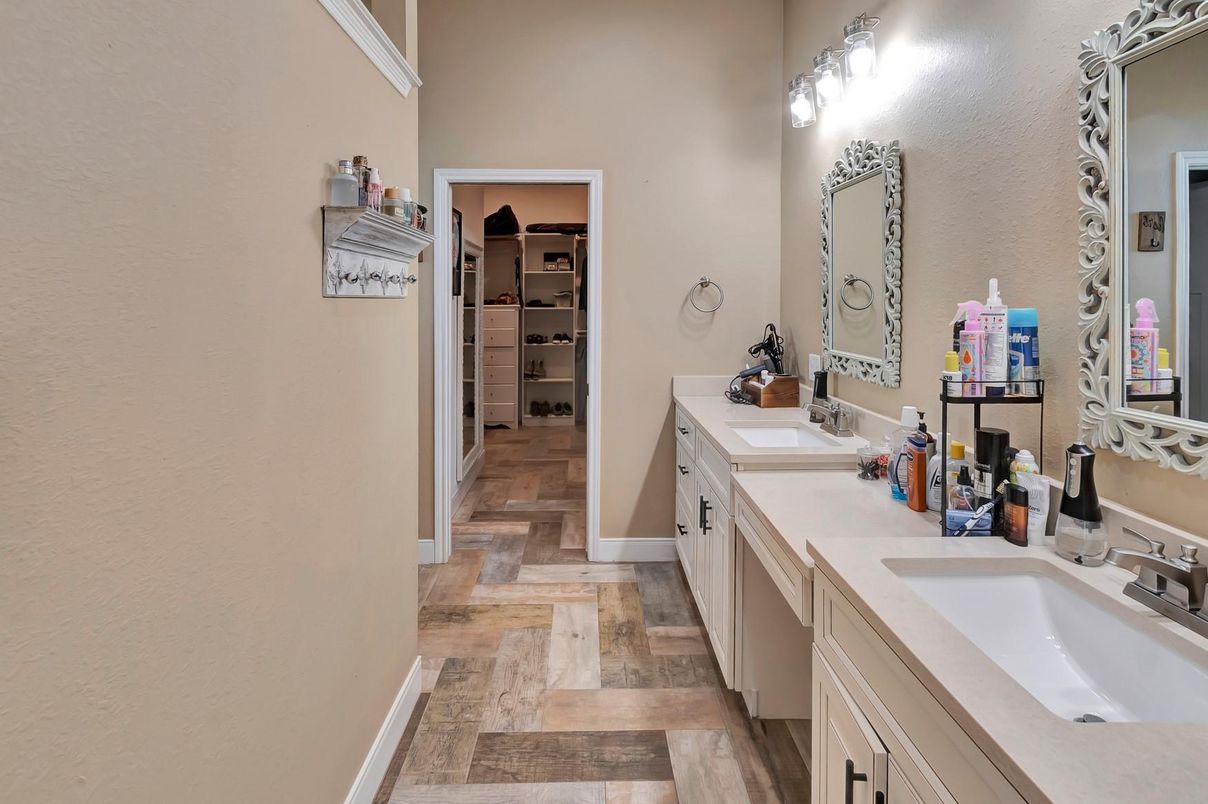 Bathroom, Dual Sink Vanities, Interior, Walk-in Closets, Wood Texture Flooring