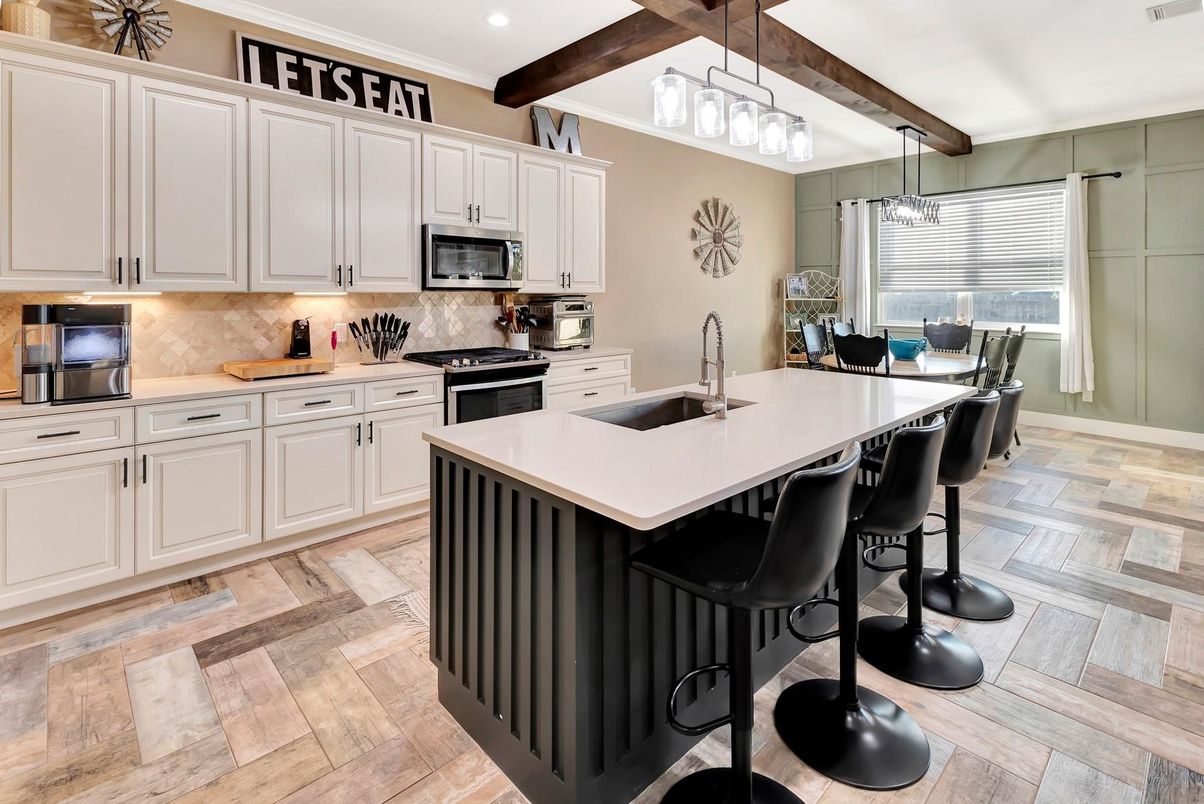 Dining room, Interior, Kitchen, Pendant Lights, Recessed Lighting, Stainless Steel Appliances, Wooden Beams, Wood Texture Flooring