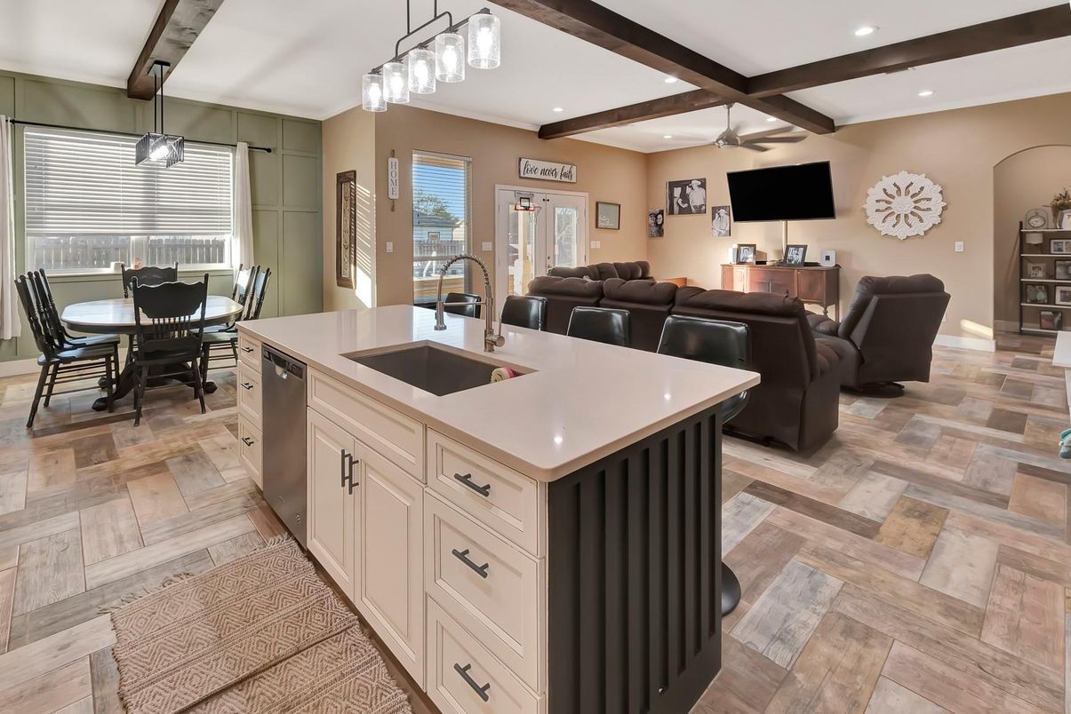 Dining room, Interior, Kitchen, Living room, Pendant Lights, Recessed Lighting, Wooden Beams, Wood Texture Flooring