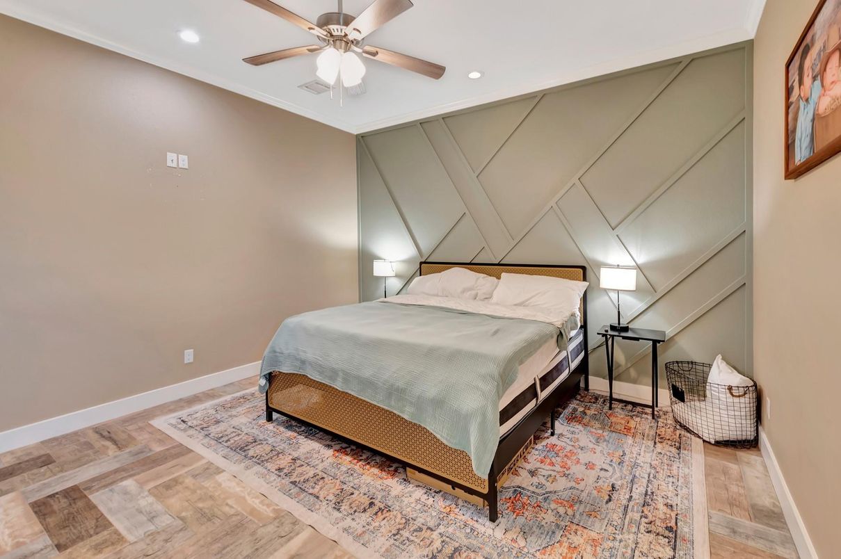 Bedroom, Interior, Recessed Lighting, Wood Texture Flooring