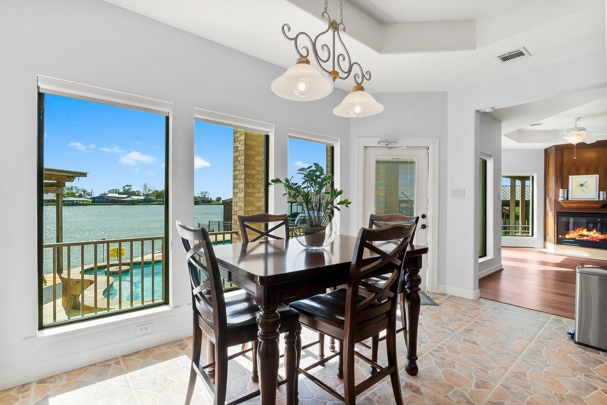 Dining room, Fireplace, Interior, Pendant Lights, Water