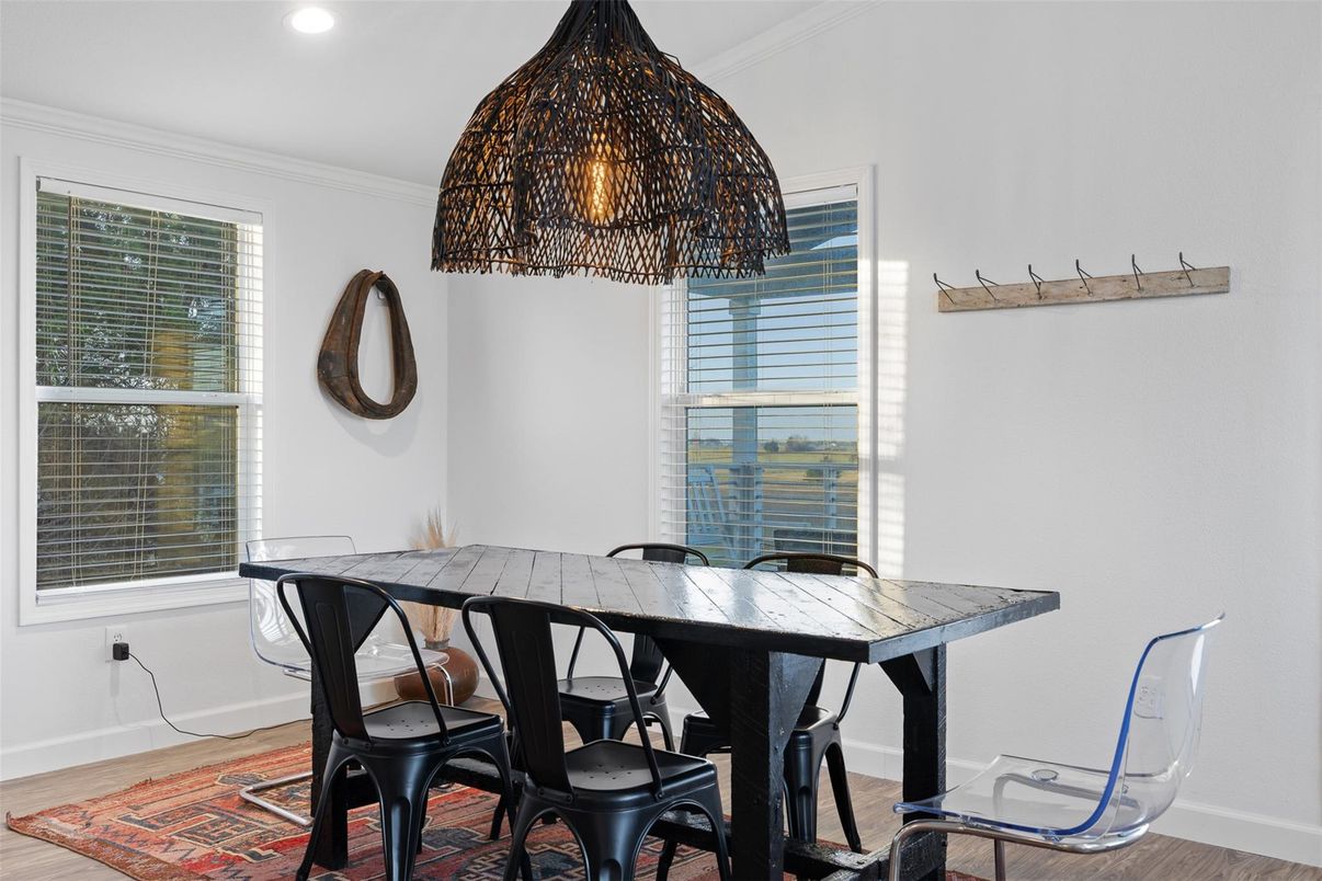 Dining room, Interior, Recessed Lighting, Wood Texture Flooring