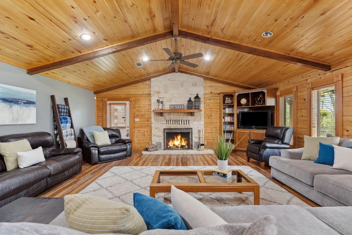 Fireplace, Interior, Living room, Recessed Lighting, Stone Walls, Wooden Beams, Wooden Ceilings, Wood Texture Flooring, Wooden Walls