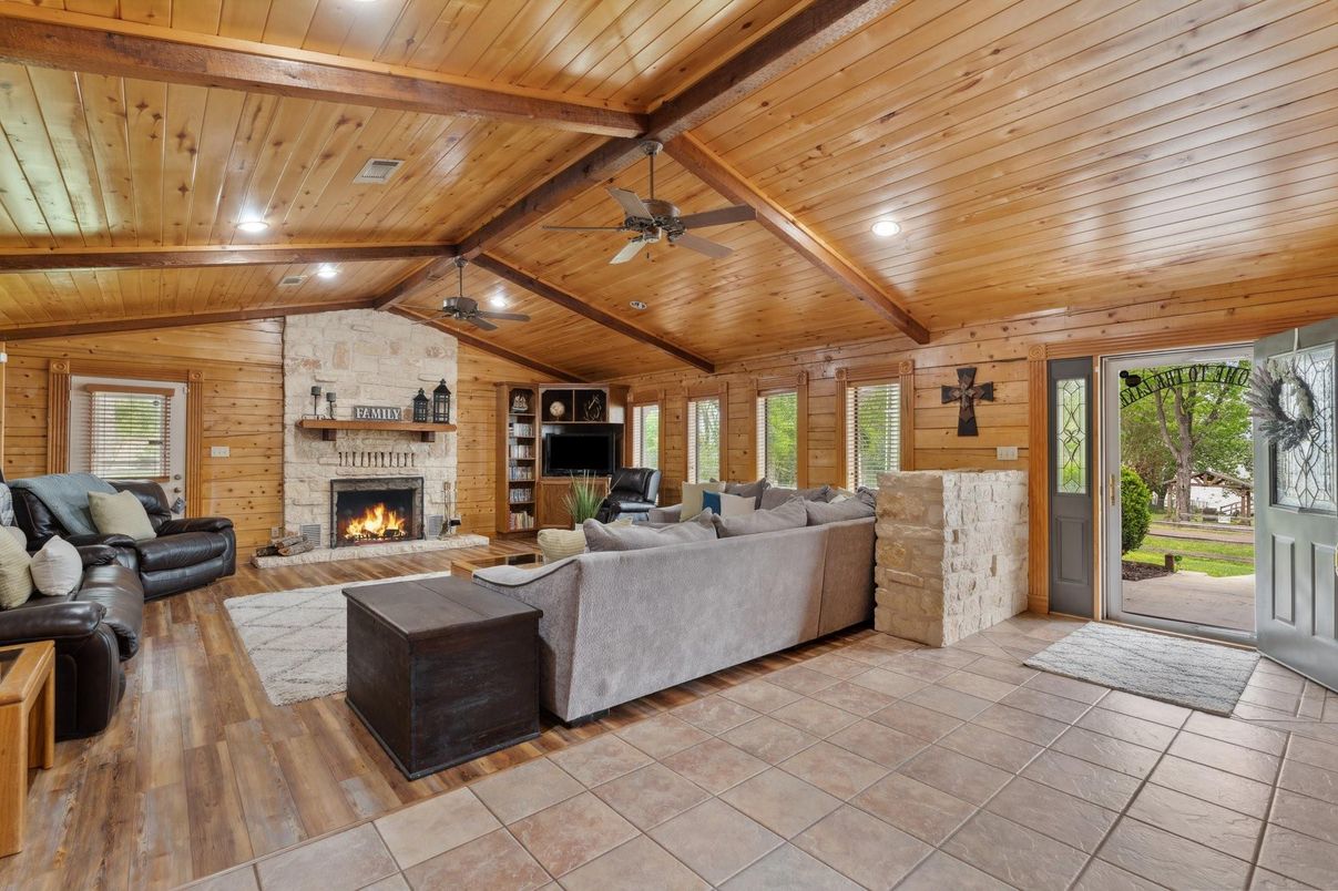 Fireplace, Interior, Living room, Recessed Lighting, Stone Walls, Wooden Beams, Wooden Ceilings, Wood Texture Flooring, Wooden Walls