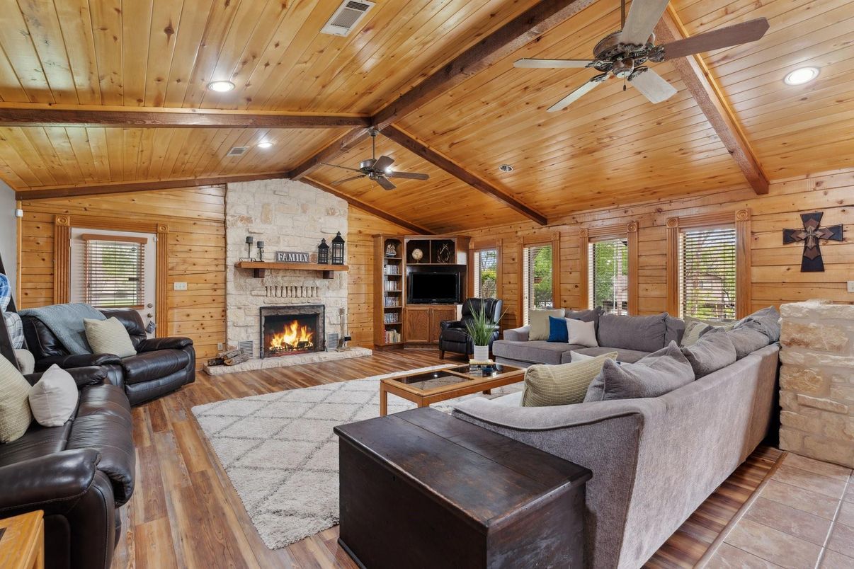 Fireplace, Interior, Living room, Recessed Lighting, Stone Walls, Wooden Beams, Wooden Ceilings, Wood Texture Flooring, Wooden Walls