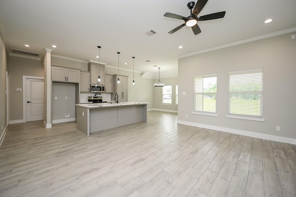 Interior, Kitchen, Pendant Lights, Recessed Lighting, Stainless Steel Appliances, Wood Texture Flooring