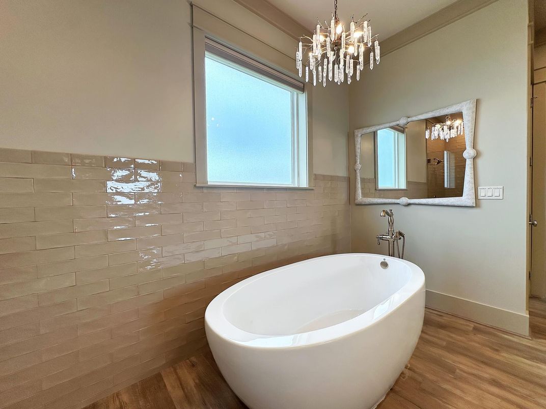Bathroom, Chandelier, Free Standing Baths, Interior, Wood Texture Flooring