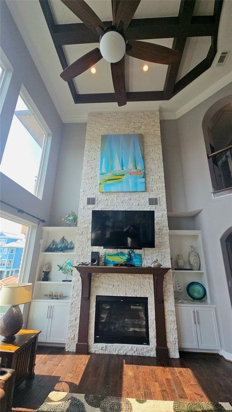 Fireplace, Interior, Recessed Lighting, Stone Walls, Wood Texture Flooring