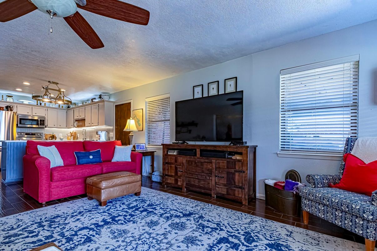 Interior, Kitchen, Living room, Recessed Lighting, Stainless Steel Appliances, Wood Texture Flooring