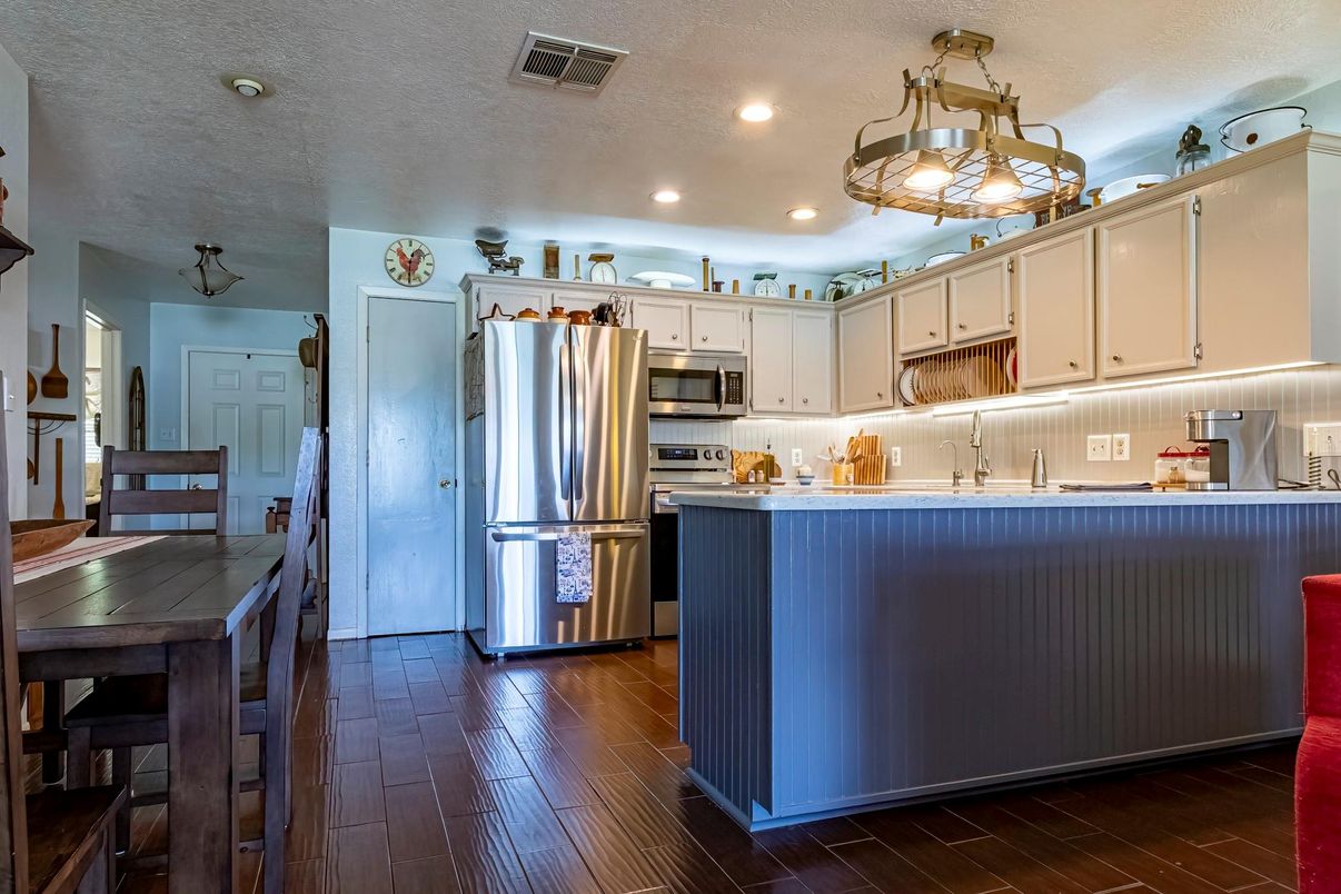 Interior, Kitchen, Recessed Lighting, Stainless Steel Appliances, Wood Texture Flooring