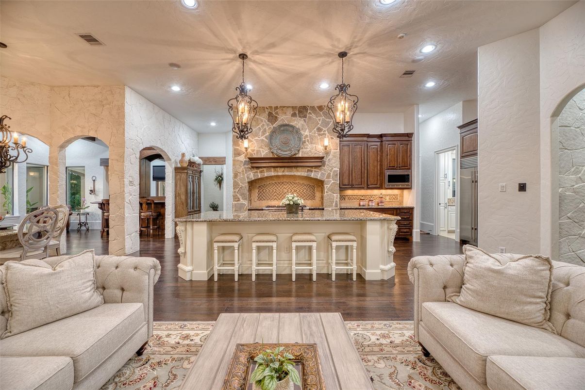 Interior, Kitchen, Living room, Pendant Lights, Recessed Lighting, Stone Walls, Wood Texture Flooring