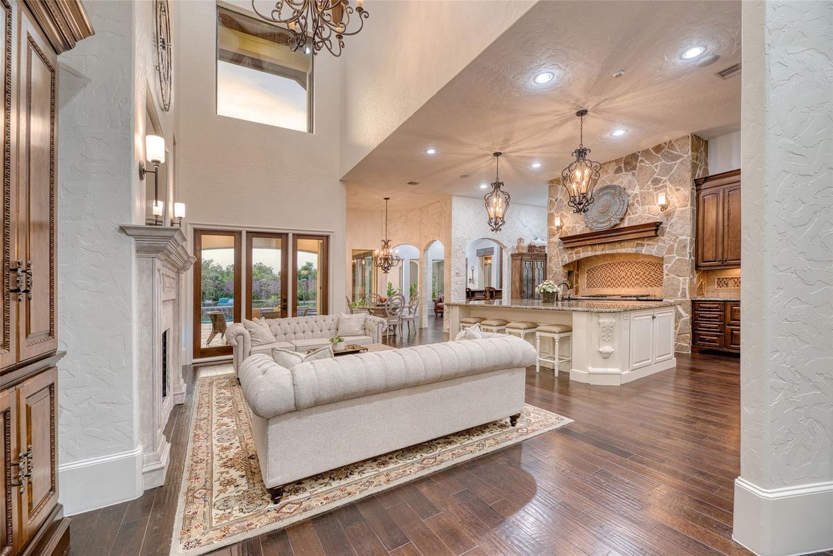 Dining room, Fireplace, Interior, Kitchen, Living room, Pendant Lights, Recessed Lighting, Stone Walls, Wood Texture Flooring