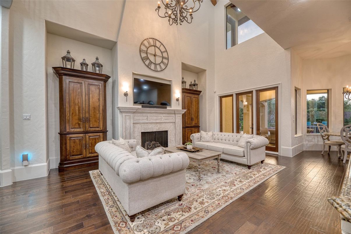 Chandelier, Fireplace, Interior, Living room, Wood Texture Flooring