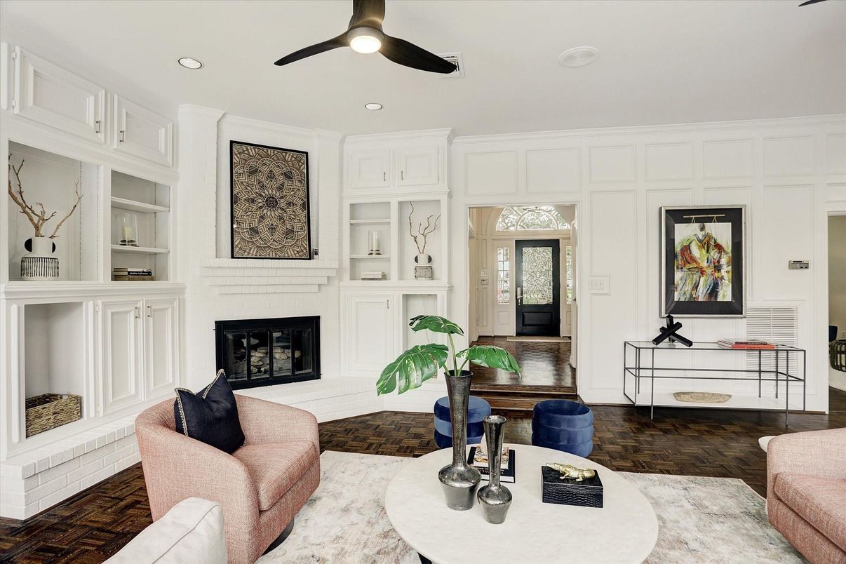 Fireplace, Interior, Living room, Recessed Lighting, Wood Texture Flooring