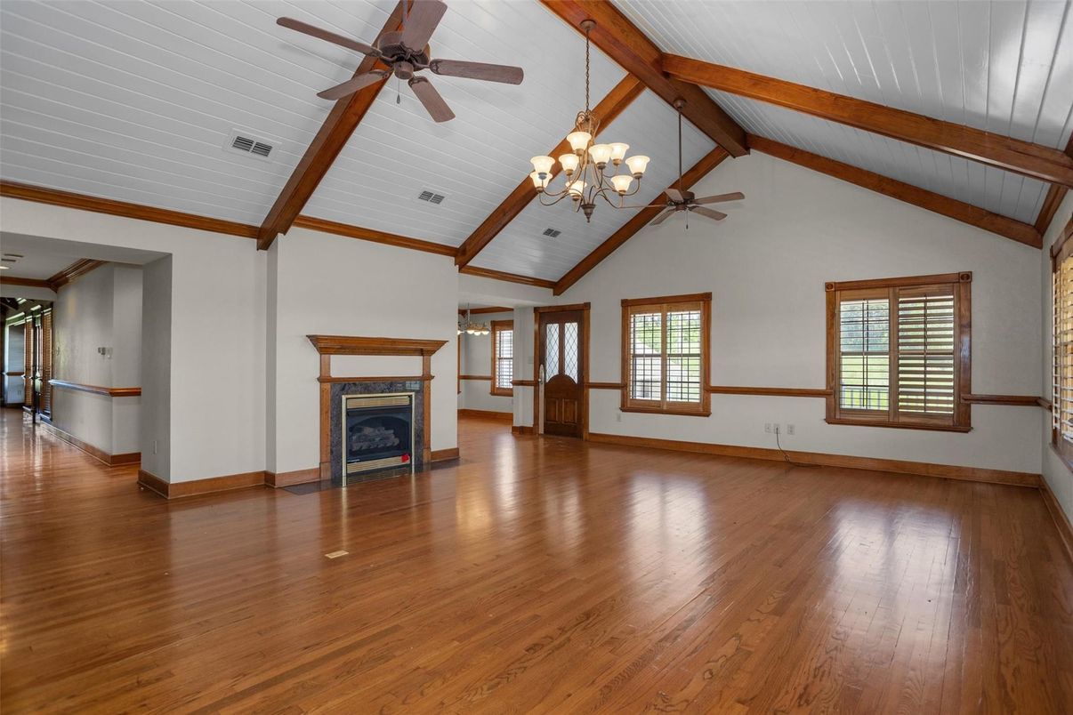 Chandelier, Empty room, Fireplace, Interior, Wooden Beams, Wood Texture Flooring