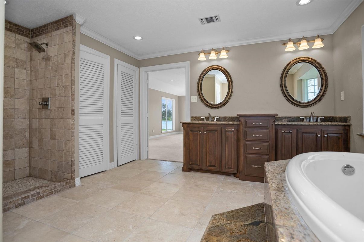 Bathroom, Dual Sink Vanities, Glass Shower, Interior, Recessed Lighting