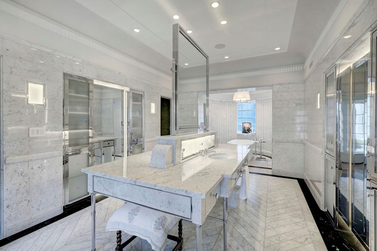 Bathroom, Glass Shower, Interior, Marble, Marble Walls, Recessed Lighting