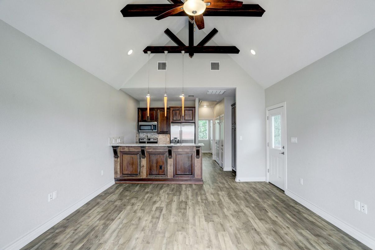 Interior, Kitchen, Pendant Lights, Recessed Lighting, Wood Texture Flooring