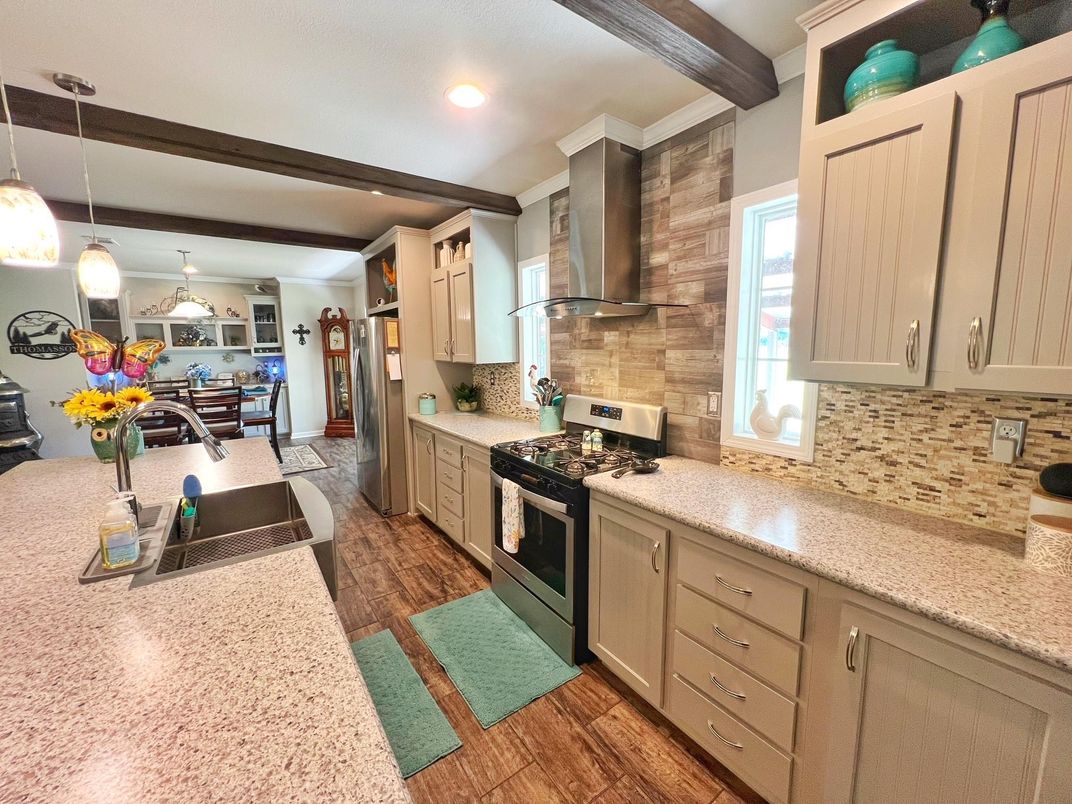 Dining room, Interior, Kitchen, Pendant Lights, Recessed Lighting, Wooden Beams, Wood Texture Flooring