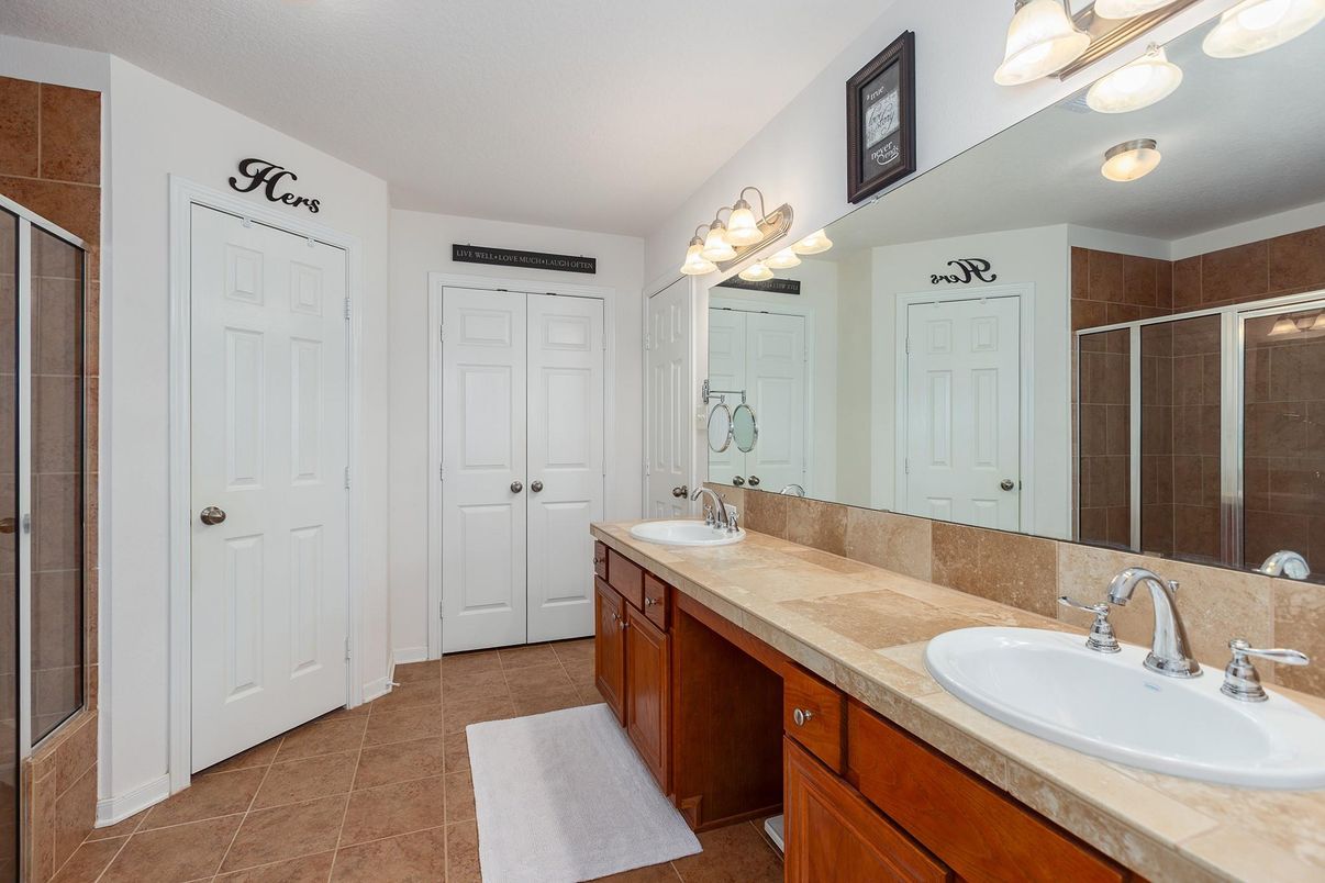 Bathroom, Dual Sink Vanities, Glass Shower, Interior, Tile Countertops
