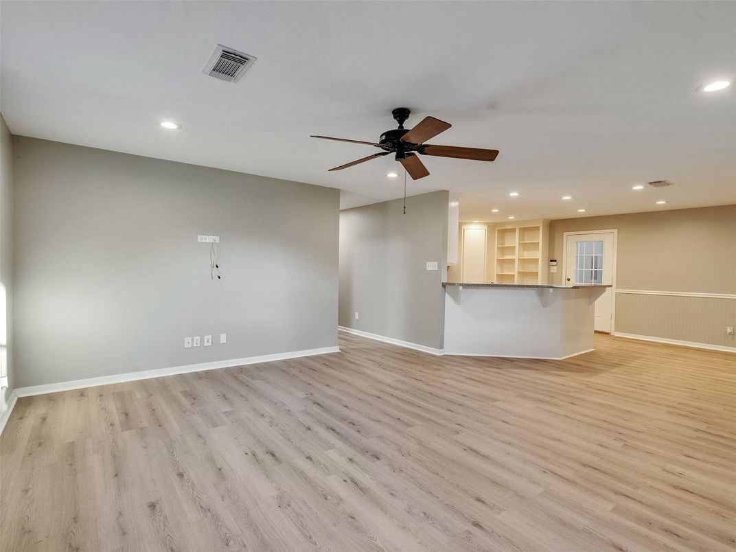 Empty room, Interior, Kitchen, Recessed Lighting, Wood Texture Flooring