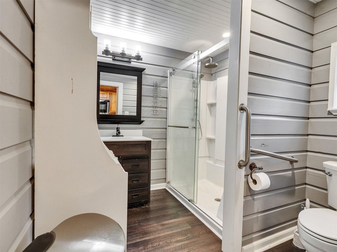 Bathroom, Glass Shower, Interior, Recessed Lighting, Wood Texture Flooring