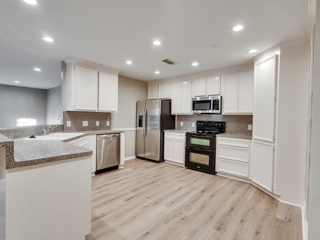Interior, Kitchen, Recessed Lighting, Stainless Steel Appliances, Wood Texture Flooring