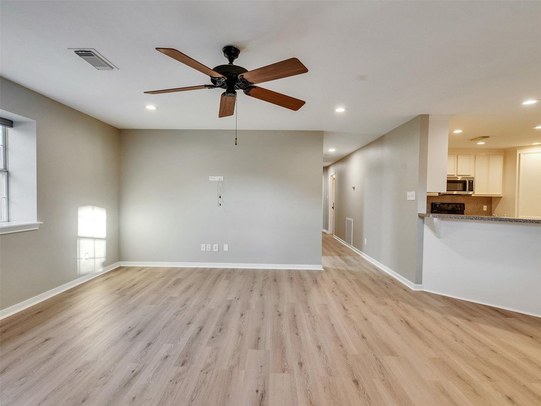 Empty room, Interior, Kitchen, Recessed Lighting, Wood Texture Flooring