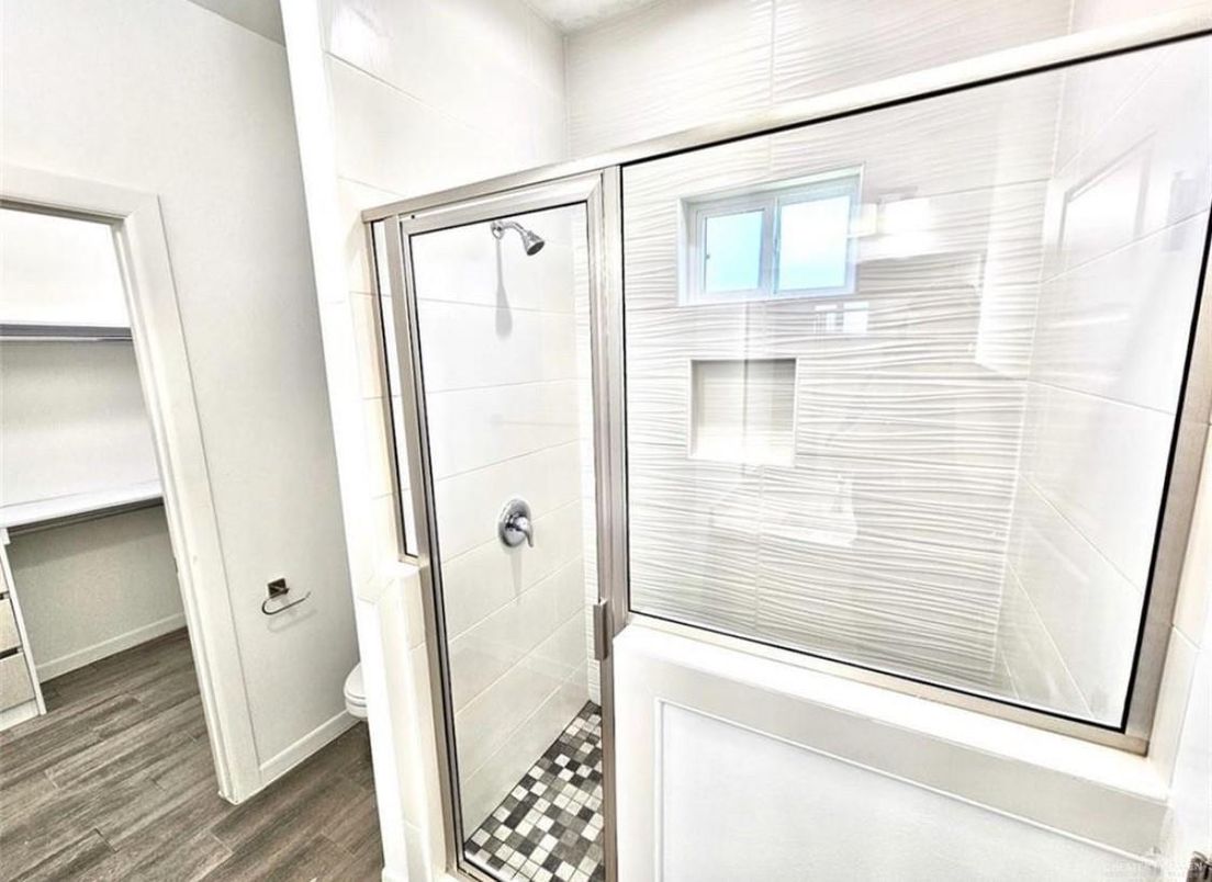 Bathroom, Glass Shower, Interior, Wood Texture Flooring