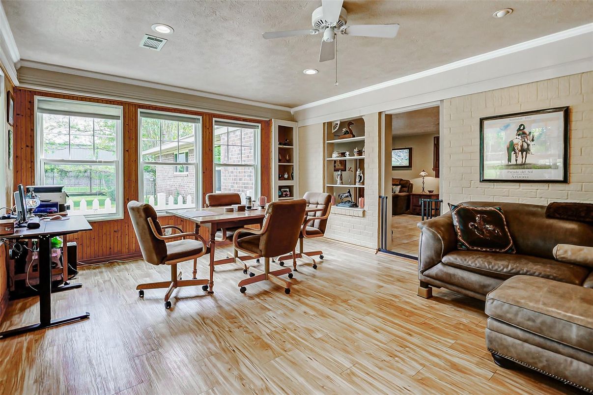 Home Office, Interior, Recessed Lighting, Stone Walls, Wood Texture Flooring