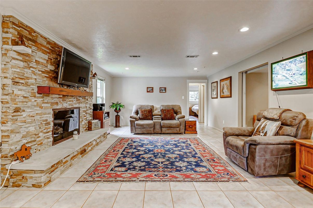 Fireplace, Interior, Living room, Recessed Lighting, Stone Walls