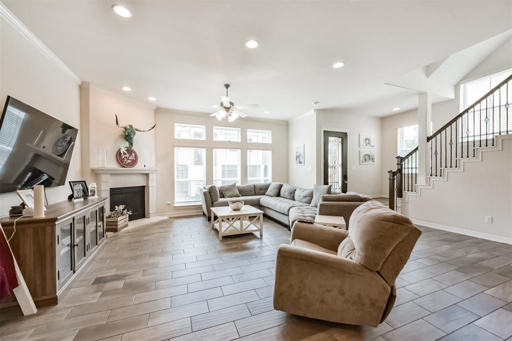 Fireplace, Interior, Living room, Recessed Lighting, Wood Texture Flooring