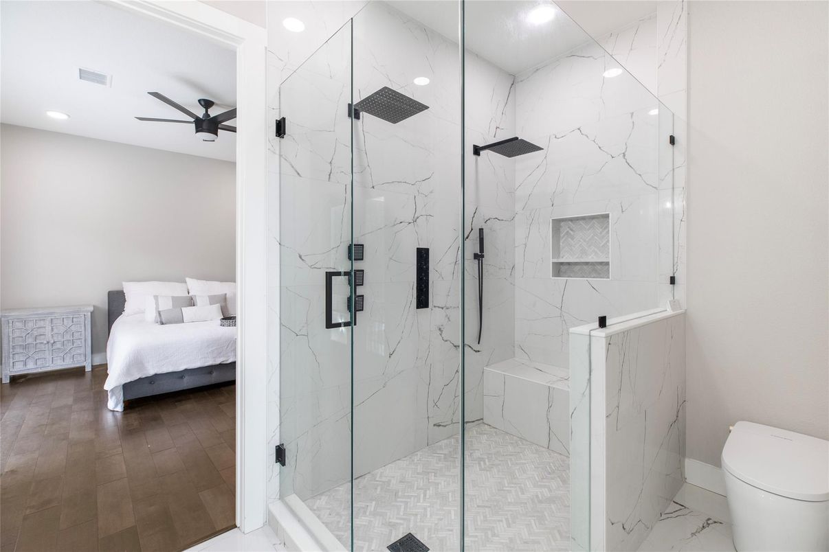 Bathroom, Bedroom, Glass Shower, Interior, Marble, Marble Walls, Recessed Lighting, Wood Texture Flooring